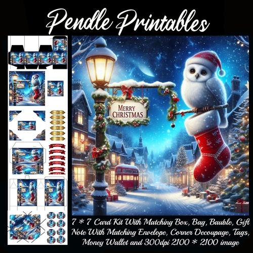 Merry Christmas Olde Time Scene Snowy Owl (4).  9 Piece 7x7 Complete Kit