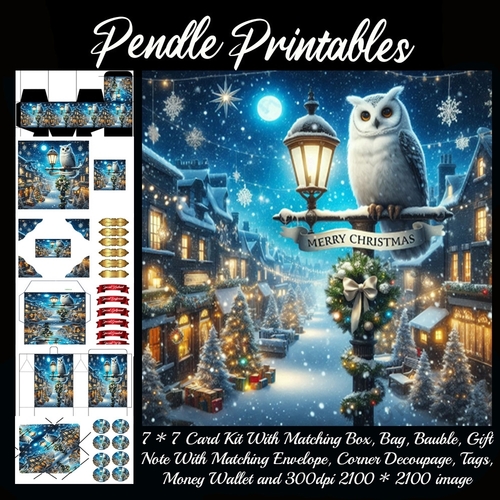 Merry Christmas Olde Time Scene Snowy Owl (5).  9 Piece 7x7 Complete Kit