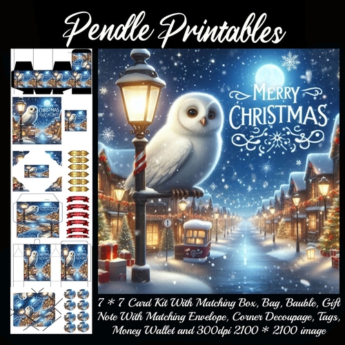 Merry Christmas Olde Time Scene Snowy Owl (6).  9 Piece 7x7 Complete Kit