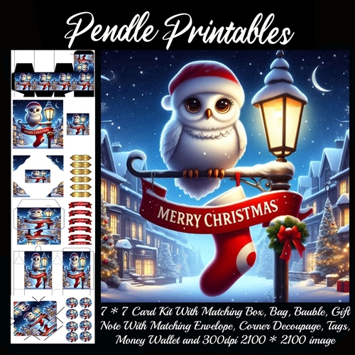 Merry Christmas Olde Time Scene Snowy Owl (7).  9 Piece 7x7 Complete Kit