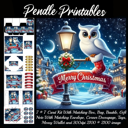 Merry Christmas Olde Time Scene Snowy Owl (8).  9 Piece 7x7 Complete Kit
