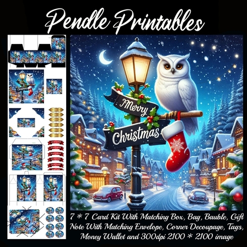 Merry Christmas Olde Time Scene Snowy Owl (9).  9 Piece 7x7 Complete Kit