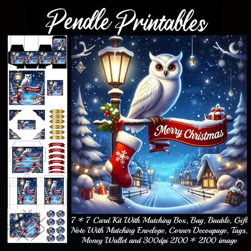 Merry Christmas Olde Time Scene Snowy Owl (10).  9 Piece 7x7 Complete Kit