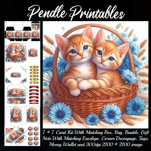 Basket of Blue-Eyed Kitten Cuddles 9 Piece 7x7 Complete Kit