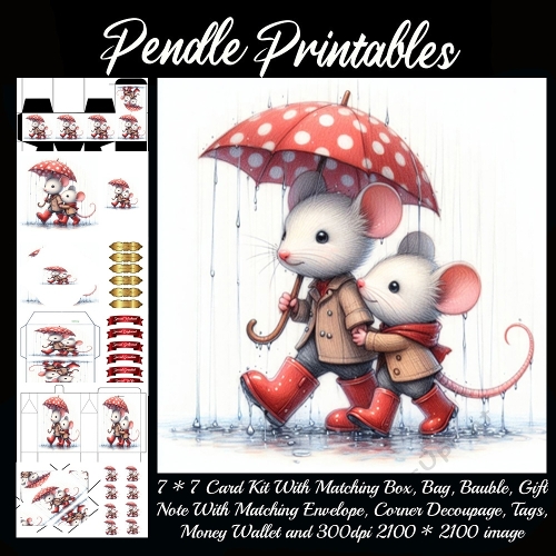Rainy Day Stroll with Two Tiny Mouse Buddies 9 Piece 7x7 Complete Kit