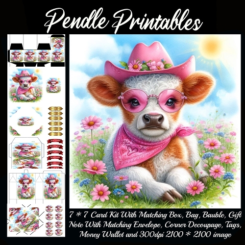 Cute Cowgirl Calf in Pink Hat and Glasses 9 Piece 7x7 Complete Kit