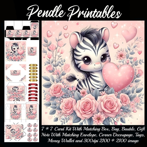 Valentine Zebra with Pink Heart . 9 Piece 7x7 Complete Kit