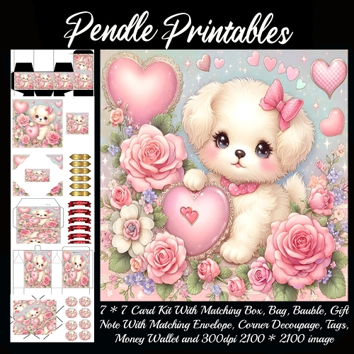 Kawaii White Puppy with Pink Heart and Roses . 9 Piece 7x7 Complete Kit