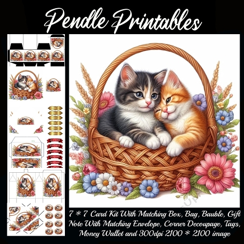 Kittens in a Flower Basket . 9 Piece 7x7 Complete Kit