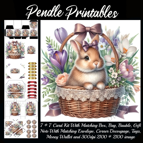 Sweet spring bunny sitting in a flower-filled basket with bows. . 9 Piece 7x7 Complete Kit