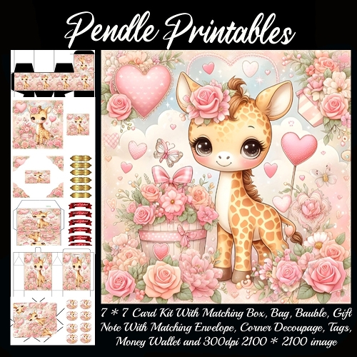 Sweet baby giraffe standing among pink flowers, hearts, and fluttering butterflies . 9 Piece 7x7 Complete Kit