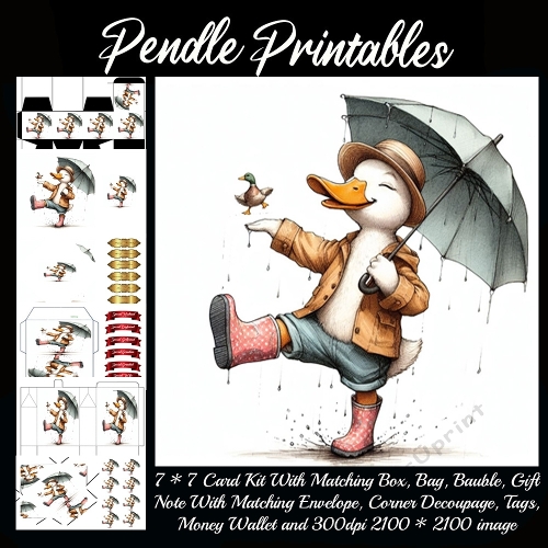 Joyful duck splashes in the rain wearing pink boots and a smile. . 9 Piece 7x7 Complete Kit