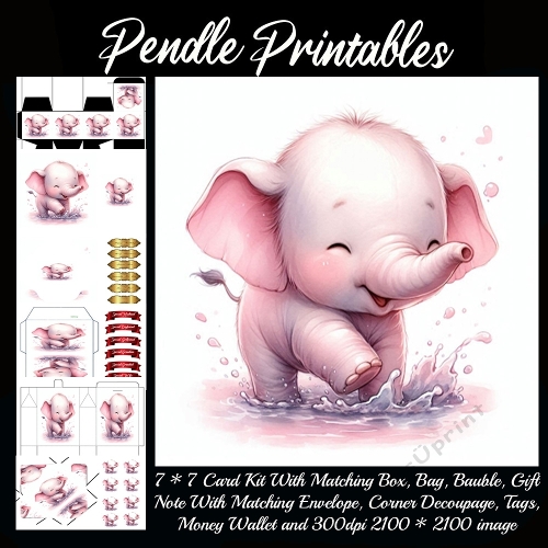 Happy baby elephant splashes joyfully in pink water with a smile. 9 Piece 7x7 Complete Kit