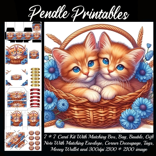 Two cuddly ginger kittens snuggle together in a flower-filled basket. 9 Piece 7x7 Complete Kit