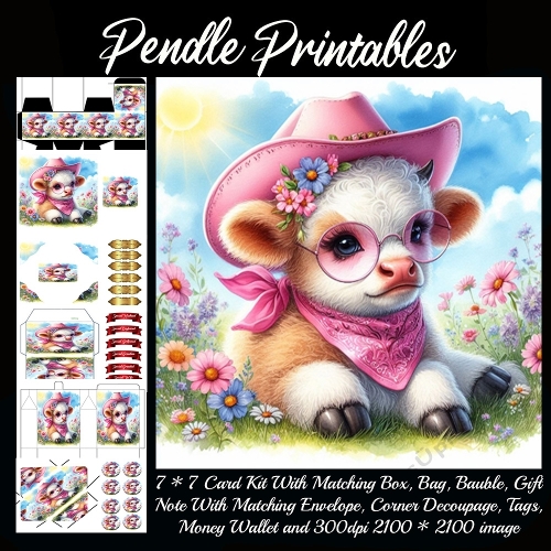 A sweet cowgirl calf relaxes among wildflowers in her pink hat. 9 Piece 7x7 Complete Kit