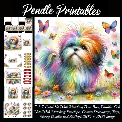A fluffy rainbow puppy plays happily among fluttering butterflies and blooming flowers. 9 Piece 7x7 Complete Kit