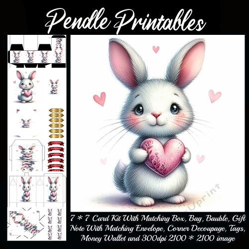A sweet little bunny holds a pink heart with pure love. 9 Piece 7x7 Complete Kit