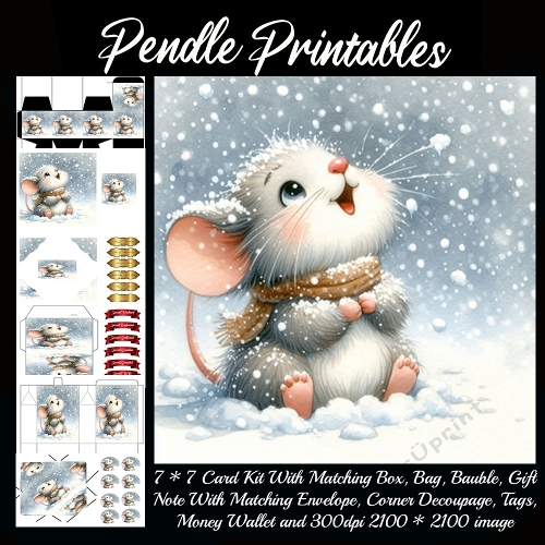 A tiny mouse marvels at falling snowflakes with pure winter joy. 9 Piece 7x7 Complete Kit