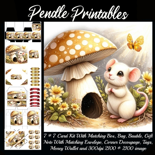 A tiny mouse admires a glowing butterfly beside its cozy mushroom home. 9 Piece 7x7 Complete Kit