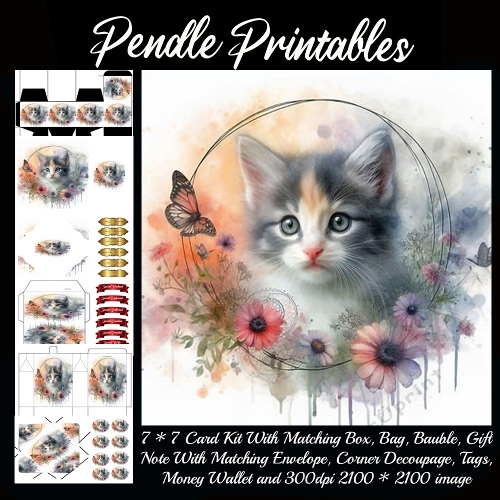 A dreamy watercolor kitten gazes sweetly among soft flowers and butterflies. 9 Piece 7x7 Complete Kit