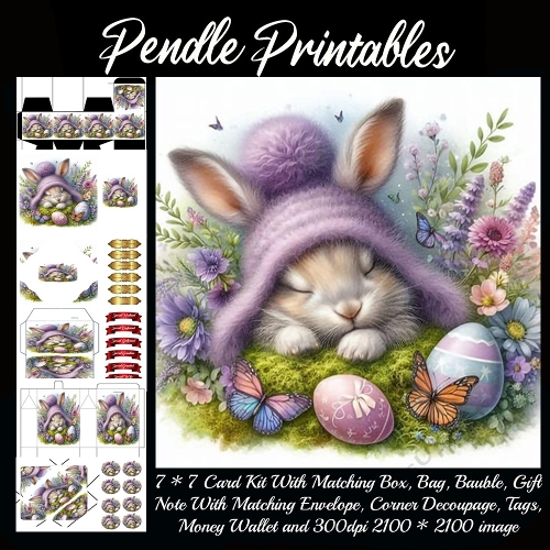 A sleepy bunny in a fluffy hat dreams among flowers and butterflies. 9 Piece 7x7 Complete Kit