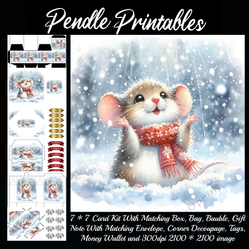 A joyful little mouse marvels at the falling snow with delight. 9 Piece 7x7 Complete Kit