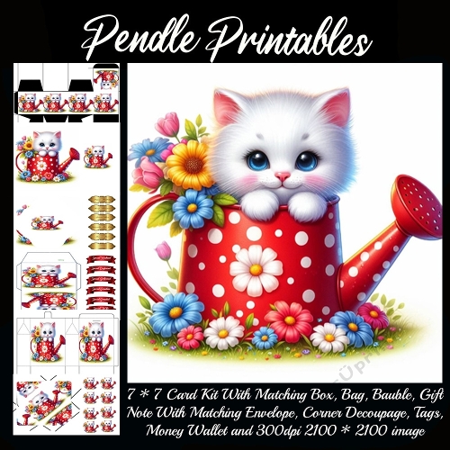 A fluffy white kitten peeks from a polka-dot watering can full of flowers. 9 Piece 7x7 Complete Kit