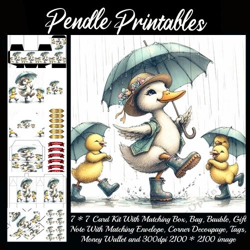 A joyful mama duck splashes through rain puddles with her happy ducklings. 9 Piece 7x7 Complete Kit