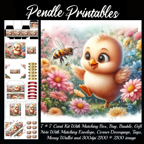 A cheerful little chick excitedly greets a friendly bee among blooming flowers. 9 Piece 7x7 Complete Kit