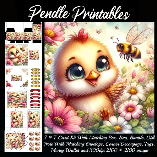 A joyful little chick greets a friendly bee among blooming flowers. 9 Piece 7x7 Complete Kit