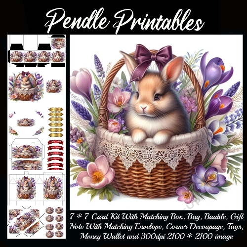 A sweet little bunny rests in a flower-filled basket adorned with lace. 9 Piece 7x7 Complete Kit