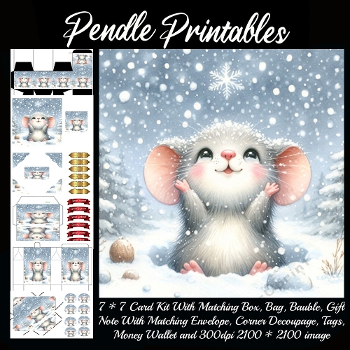 A joyful little mouse admires falling snowflakes in a peaceful winter scene. 9 Piece 7x7 Complete Kit