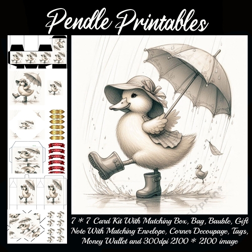 A cheerful little duck splashes through rainy puddles while holding an umbrella. 9 Piece 7x7 Complete Kit