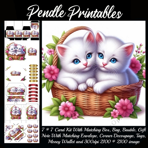 Two fluffy white kittens cuddle together in a flowered basket of sweetness. 9 Piece 7x7 Complete Kit