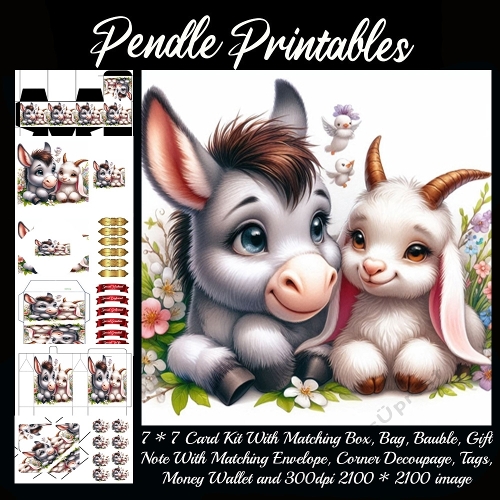 A sweet donkey and fluffy goat share smiles surrounded by blooming flowers. 9 Piece 7x7 Complete Kit