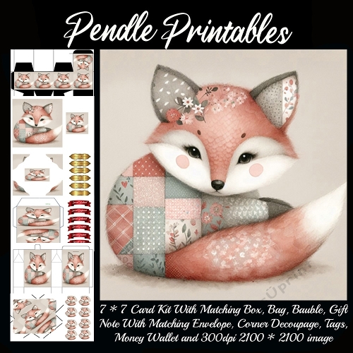 A sweet patchwork fox curls softly with floral patterns and charm. 9 Piece 7x7 Complete Kit