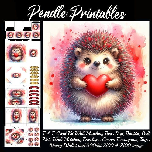 A sweet little hedgehog proudly offers a glowing red heart of love. 9 Piece 7x7 Complete Kit