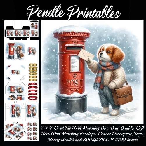 A cozy winter pup mails a heartfelt letter on a snowy day. 9 Piece 7x7 Complete Kit