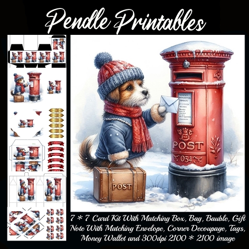 A tiny winter pup mails happy letters beside a snowy postbox. 9 Piece 7x7 Complete Kit