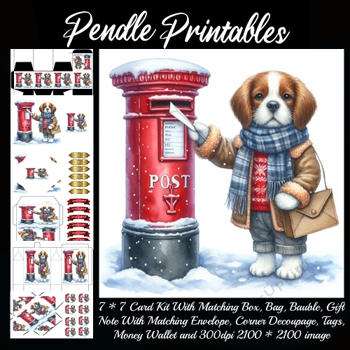 A cozy winter pup posts a letter at the snowy red mailbox. 9 Piece 7x7 Complete Kit