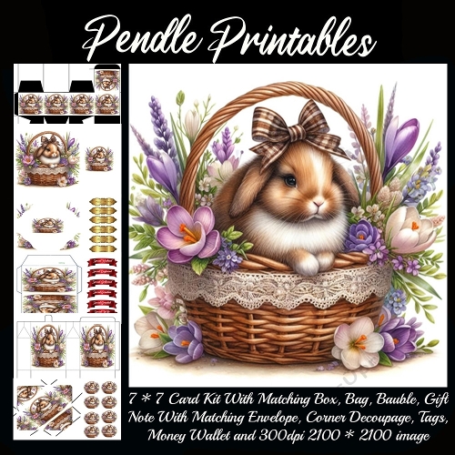 Sweet bunny nestles in a blooming basket wrapped with soft spring flowers. 9 Piece 7x7 Complete Kit