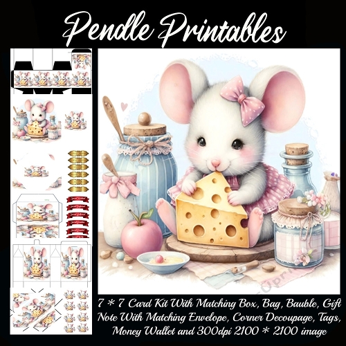 Sweet little mouse hugs her cheese slice in a cozy kitchen. 9 Piece 7x7 Complete Kit