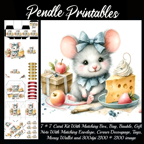 Sweet little mouse enjoys dessert with cheese, berries, apples, and gifts. 9 Piece 7x7 Complete Kit