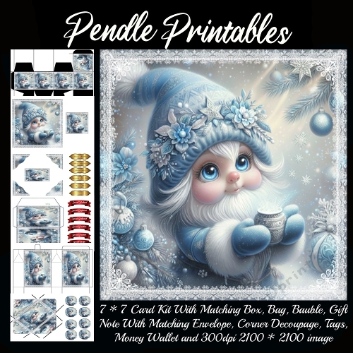 Sweet winter gnome cuddles warm cocoa while snowflakes sparkle around soft blue lights. 9 Piece 7x7 Complete Kit