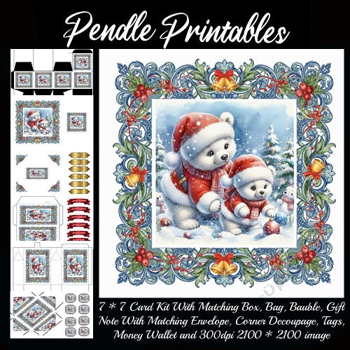 Sweet polar bears decorate snowy Christmas forest together in cozy red outfits. 9 Piece 7x7 Complete Kit
