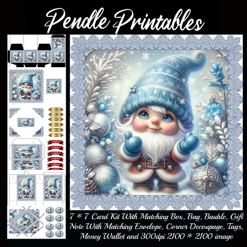Snowy gnome smiles brightly while playing beneath shimmering snowflakes and icy decorations. 9 Piece 7x7 Complete Kit