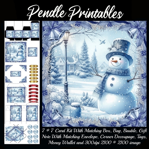 Cheerful snowman greets winter day amid sparkling snow, cozy homes, and frosty trees. 9 Piece 7x7 Complete Kit