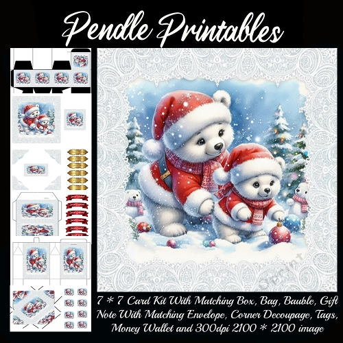 Adorable polar bears decorate snowy forest together in cozy red Christmas outfits. 9 Piece 7x7 Complete Kit