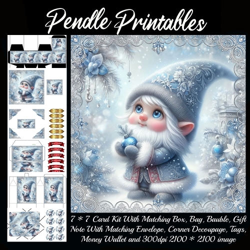 Sweet winter gnome admires a glowing blue ornament in sparkling snow. 9 Piece 7x7 Complete Kit