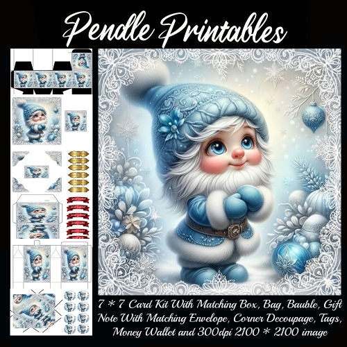 Sweet winter gnome smiles softly while snowflakes sparkle around his cozy outfit. 9 Piece 7x7 Complete Kit